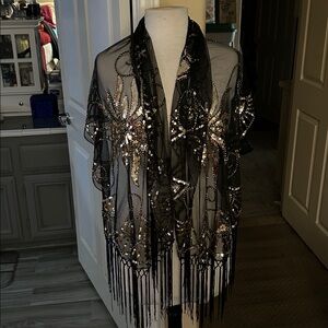 Black and Gold Sequin Fringe Shawl